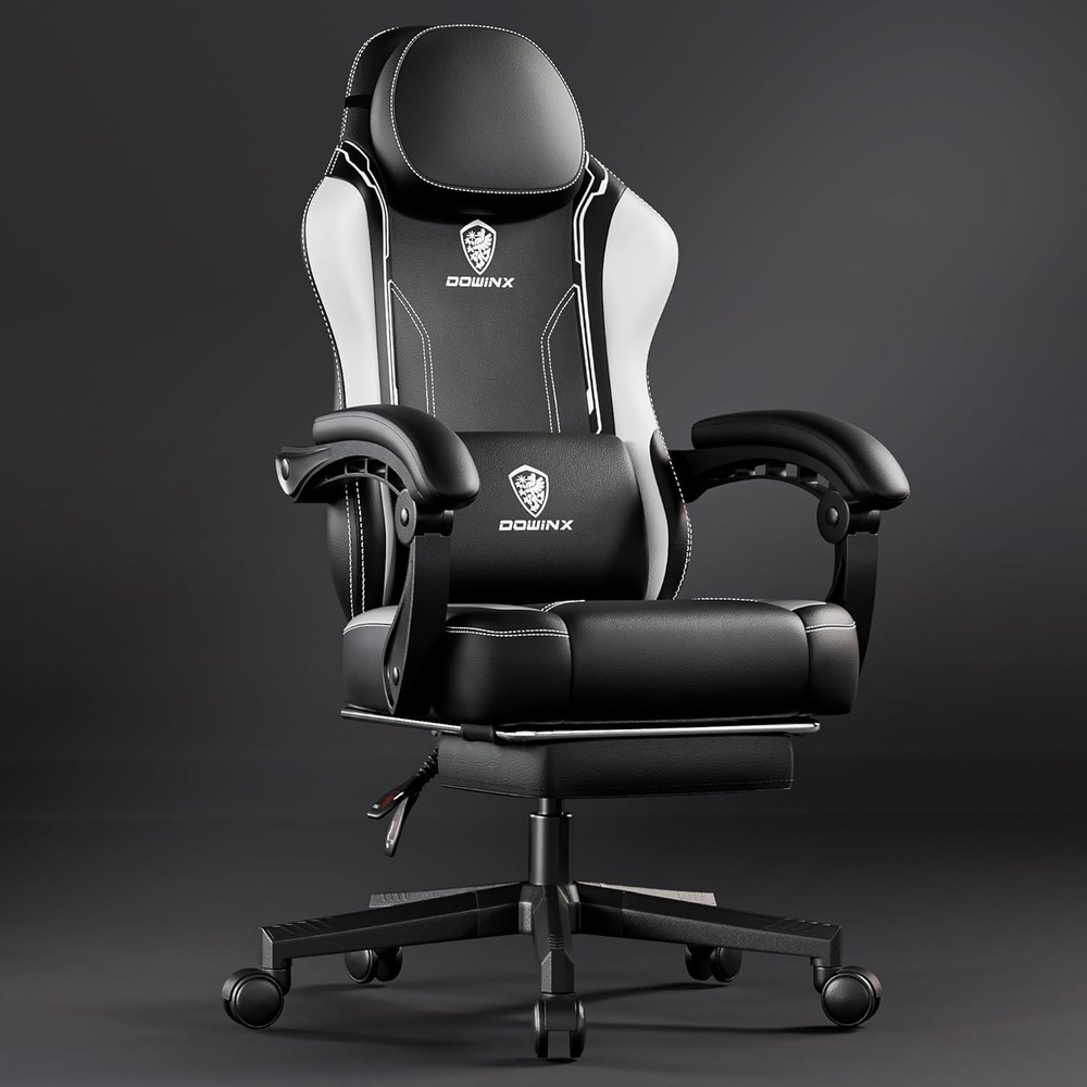 image:imageDowinx Gaming Chair with Pocket Spring Cushion for Adults Ergonomic Computer Chair with Footrest and Massage Lumbar Support High Back Leather Game Chair for Office Gaming 300LBS White